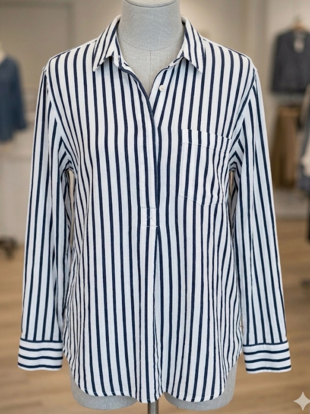 Liz Claiborne Striped Popover Tunic Top | Long Sleeve Textured Coastal Blouse